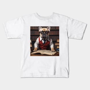 Chic French Bulldog: Hyperreal Red-Suit in Whimsical Library Kids T-Shirt